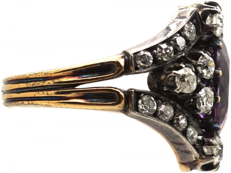 French Early 19th Century Large Amethyst & Old Cut Diamond Cluster Ring