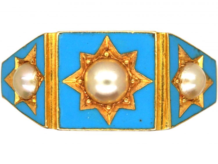 Victorian 18ct Gold, Turquoise Enamel & Natural Split Pearl Ring