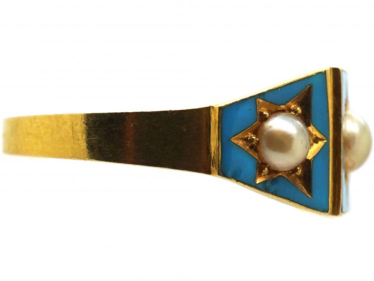 Victorian 18ct Gold, Turquoise Enamel & Natural Split Pearl Ring