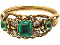 Georgian 18ct Gold, Three Stone Emerald & Diamond Ring