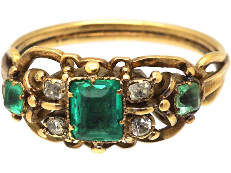 Georgian 18ct Gold, Three Stone Emerald & Diamond Ring
