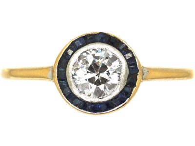 Art Deco 18ct Gold & Platinum, Diamond & Sapphire Small Target Ring