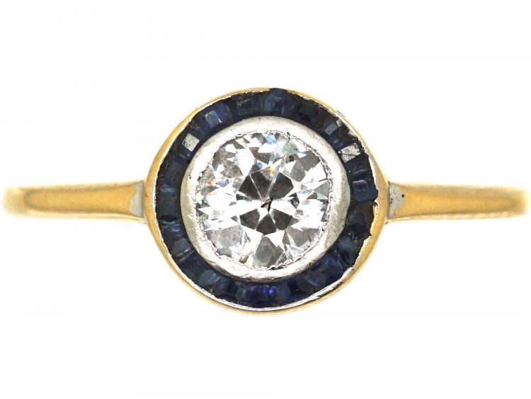 Art Deco 18ct Gold & Platinum, Diamond & Sapphire Small Target Ring