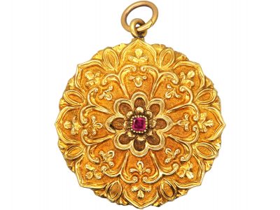 Victorian 18ct Gold Gothick Style Pendant set with a Ruby & Turquoise