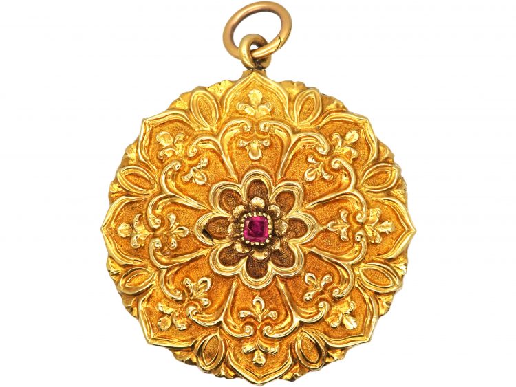 Victorian 18ct Gold Gothick Style Pendant set with a Ruby & Turquoise