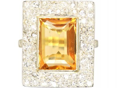 Art Deco 18ct Gold, Topaz & Diamond Rectangular Ring