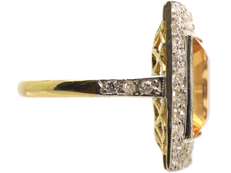 Art Deco 18ct Gold, Topaz & Diamond Rectangular Ring