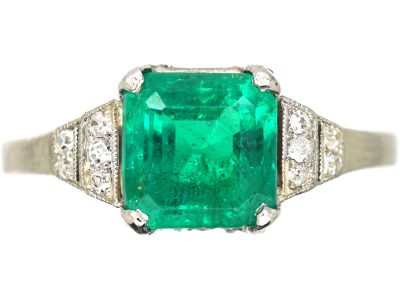 Art Deco Platinum, Square Cut Emerald & Diamond Ring with Rose Diamond Gallery
