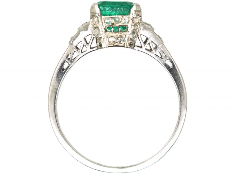 Art Deco Platinum, Square Cut Emerald & Diamond Ring with Rose Diamond Gallery