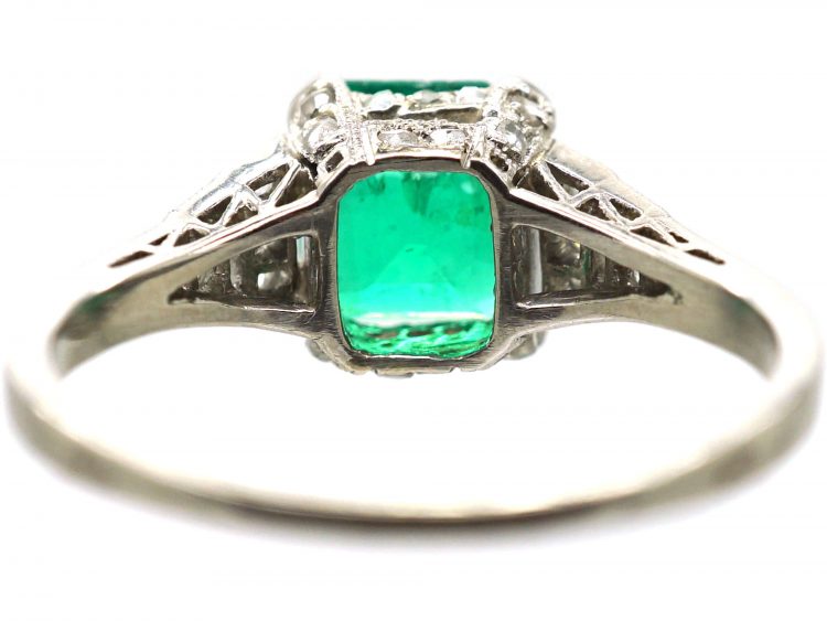 Art Deco Platinum, Square Cut Emerald & Diamond Ring with Rose Diamond Gallery