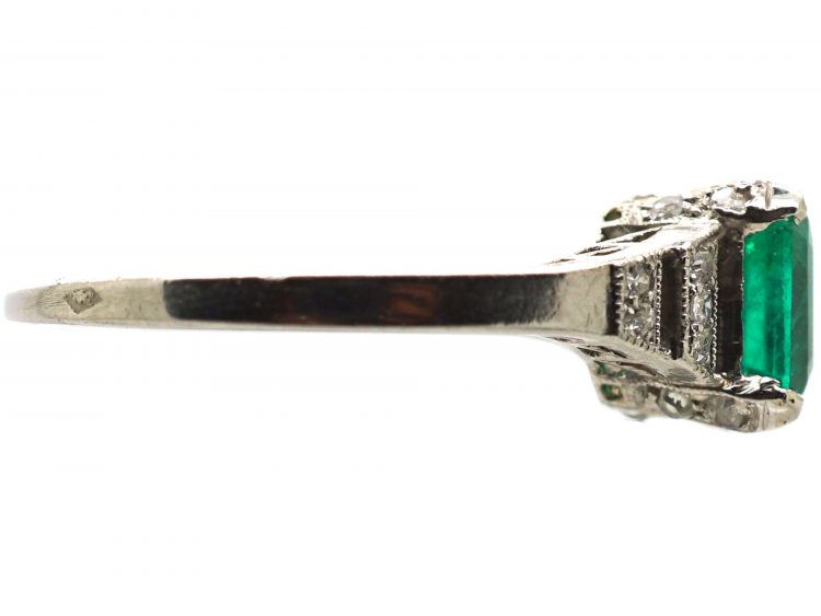 Art Deco Platinum, Square Cut Emerald & Diamond Ring with Rose Diamond Gallery