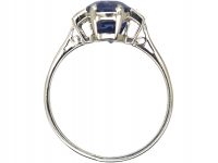 Art Deco Platinum, Unheated Ceylon Sapphire Ring with Baguette Diamond Shoulders