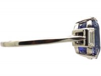 Art Deco Platinum, Unheated Ceylon Sapphire Ring with Baguette Diamond Shoulders