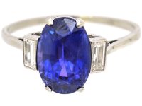Art Deco Platinum, Unheated Ceylon Sapphire Ring with Baguette Diamond Shoulders