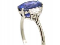 Art Deco Platinum, Unheated Ceylon Sapphire Ring with Baguette Diamond Shoulders