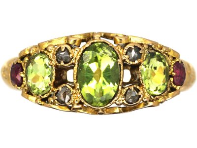 Early Victorian 18ct Gold, Three Stone Peridot, Ruby & Rose Diamond Ring