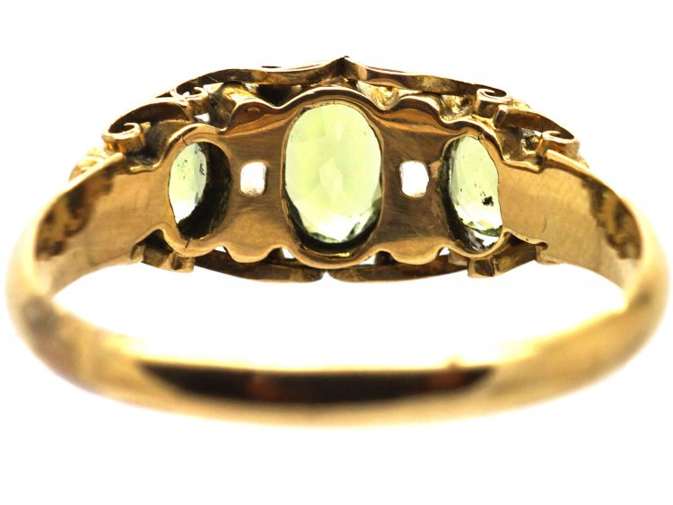 Early Victorian 18ct Gold, Three Stone Peridot, Ruby & Rose Diamond Ring