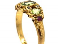 Early Victorian 18ct Gold, Three Stone Peridot, Ruby & Rose Diamond Ring