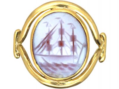 Victorian 18ct Gold & Carnelian Signet Ring with Intaglio of a Sailing Ship