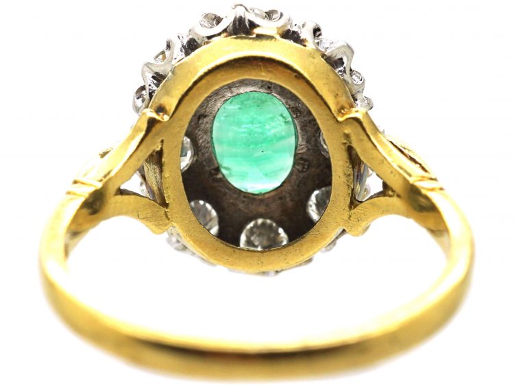 18ct Gold, Emerald & Diamond Oval Cluster Ring