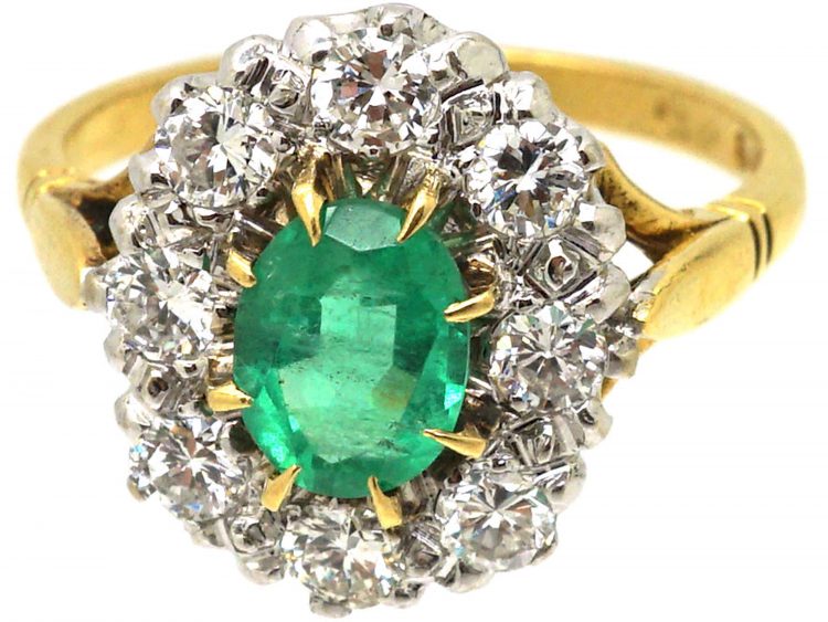 18ct Gold, Emerald & Diamond Oval Cluster Ring