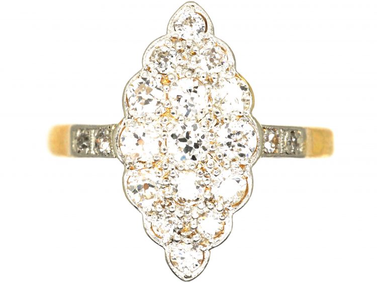 Art Deco 18ct Gold & Platinum, Diamond Set Marquise Ring with Diamond Set Shoulders
