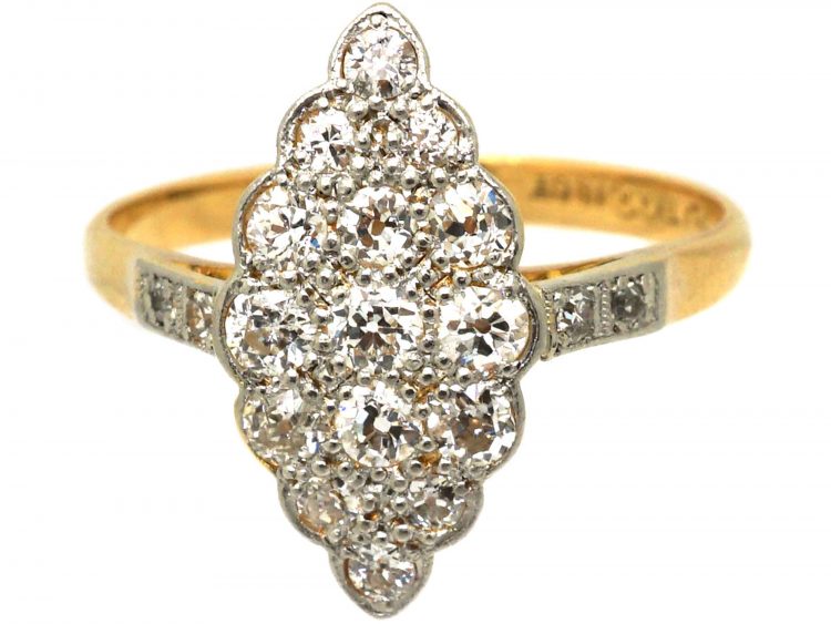 Art Deco 18ct Gold & Platinum, Diamond Set Marquise Ring with Diamond Set Shoulders