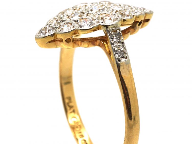 Art Deco 18ct Gold & Platinum, Diamond Set Marquise Ring with Diamond Set Shoulders