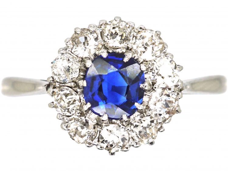 Mid 20th Century 18ct White Gold & Platinum, Sapphire & Diamond Cluster Ring