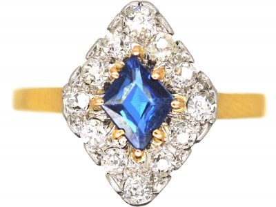 Art Deco 18ct Gold & Platinum, Diamond & Sapphire Diamond Shaped Ring