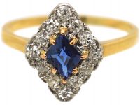 Art Deco 18ct Gold & Platinum, Diamond & Sapphire Diamond Shaped Ring