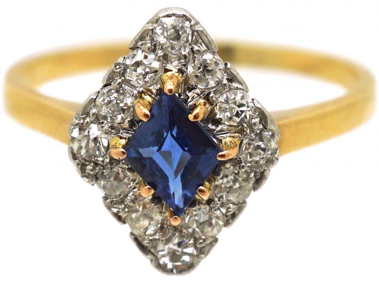 Art Deco 18ct Gold & Platinum, Diamond & Sapphire Diamond Shaped Ring