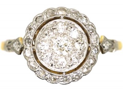 Edwardian 18ct Gold & Platinum, Diamond Cluster Ring with Diamond Set Shoulders