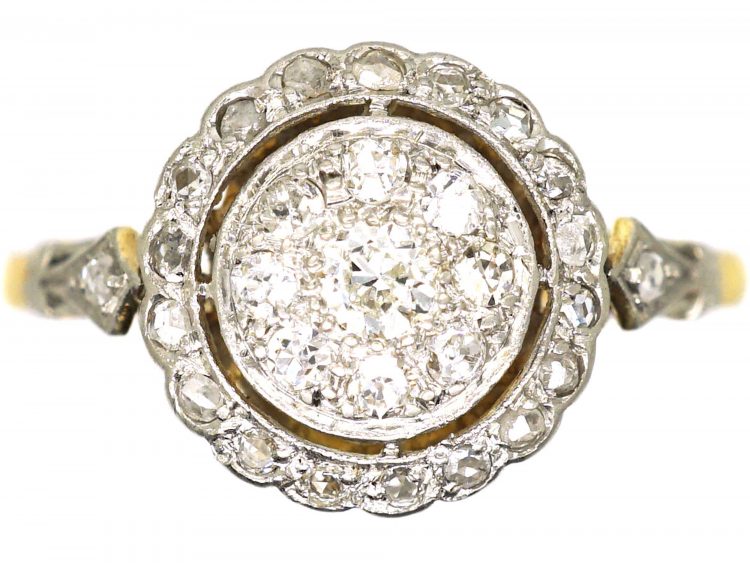 Edwardian 18ct Gold & Platinum, Diamond Cluster Ring with Diamond Set Shoulders