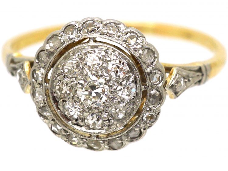 Edwardian 18ct Gold & Platinum, Diamond Cluster Ring with Diamond Set Shoulders