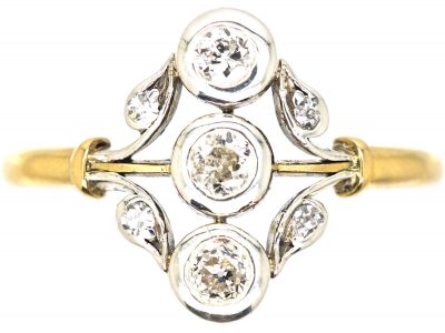 Austrian 14ct Gold & Platinum, Diamond Three Stone Leaf Motif Ring
