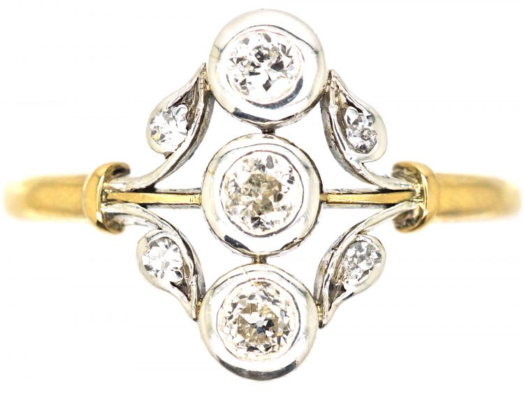 Austrian 14ct Gold & Platinum, Diamond Three Stone Leaf Motif Ring