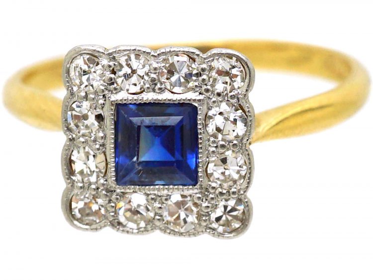 Art Deco Platinum & 18ct Gold, Sapphire & Diamond Square Ring