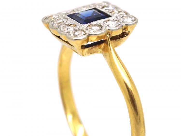 Art Deco Platinum & 18ct Gold, Sapphire & Diamond Square Ring