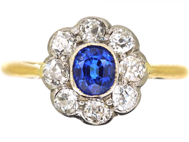 Edwardian 18ct Gold & Platinum, Sapphire & Diamond Cluster Ring
