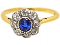 Edwardian 18ct Gold & Platinum, Sapphire & Diamond Cluster Ring