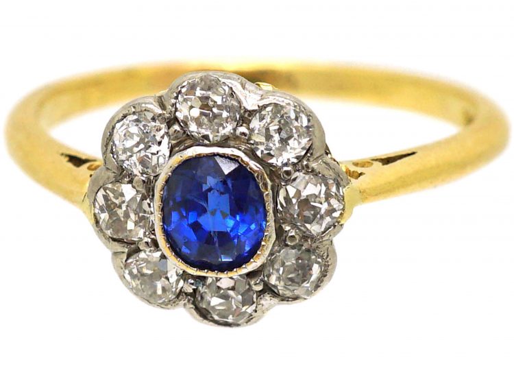 Edwardian 18ct Gold & Platinum, Sapphire & Diamond Cluster Ring