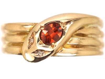 Edwardian 9ct Gold Snake Ring set a Garnet & Rose Diamond Eyes