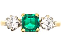 Art Deco 18ct Gold & Platinum, Emerald & Diamond Three Stone Ring