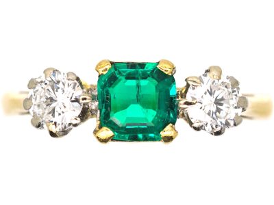 Art Deco 18ct Gold & Platinum, Emerald & Diamond Three Stone Ring