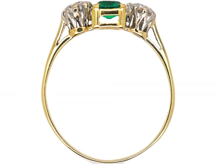 Art Deco 18ct Gold & Platinum, Emerald & Diamond Three Stone Ring