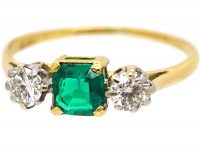 Art Deco 18ct Gold & Platinum, Emerald & Diamond Three Stone Ring