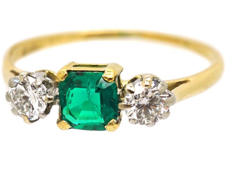 Art Deco 18ct Gold & Platinum, Emerald & Diamond Three Stone Ring