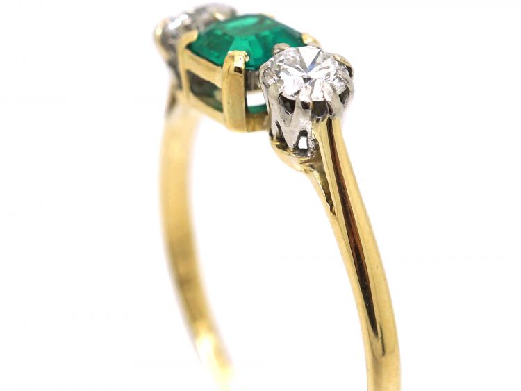 Art Deco 18ct Gold & Platinum, Emerald & Diamond Three Stone Ring