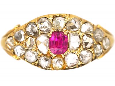 Victorian 18ct Gold Cluster Ring set with a Ruby & Graduated Rose Diamonds